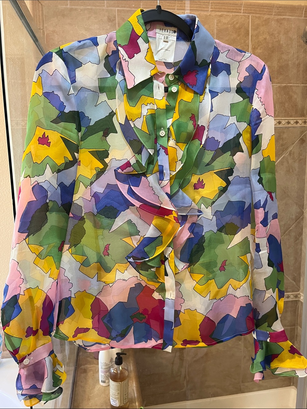 Colorful Abstract Floral Ruffle-Front Blouse - Multi